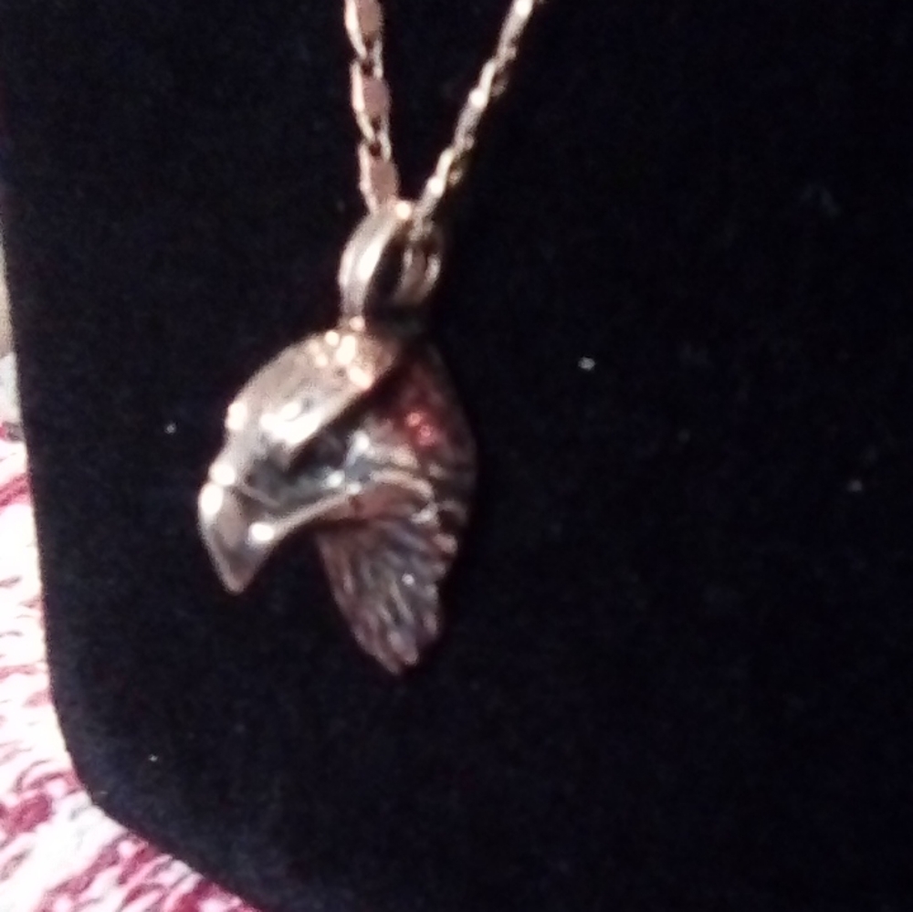 Silver necklace with silver eagle head pendant.